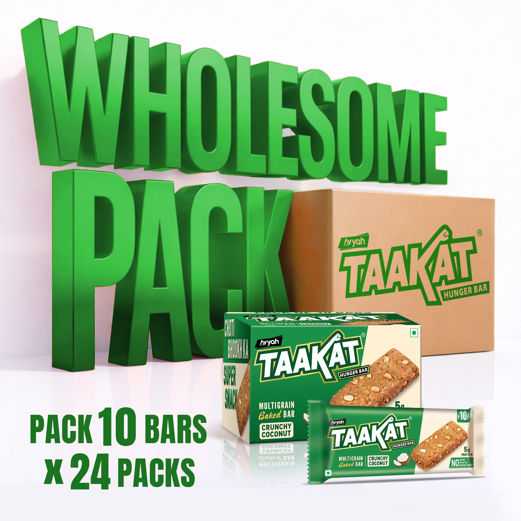 Taakat Hunger Bar - Crunchy Coconut - Wholesome Pack- 24 pack of 10 | FREE SHIPPING