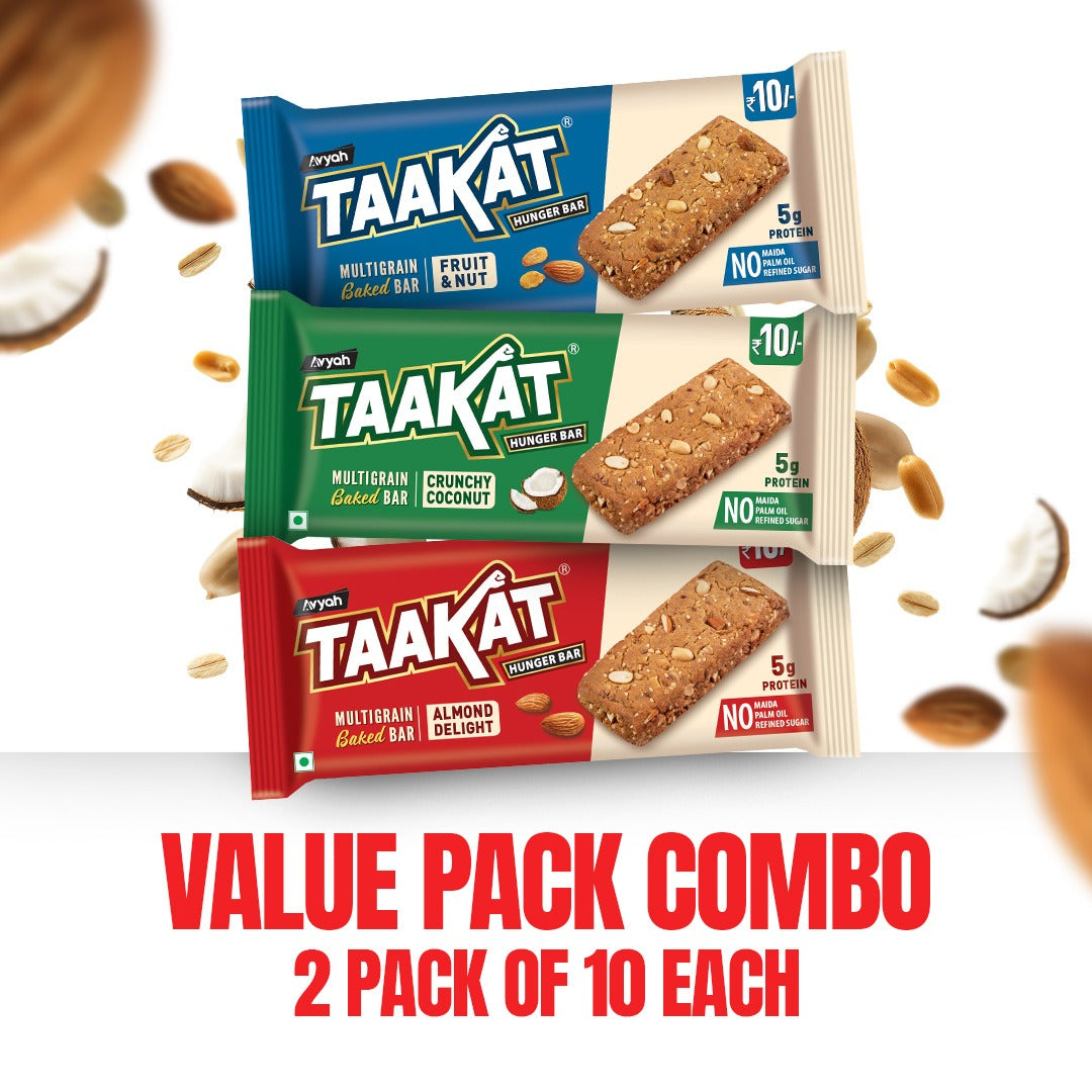 Taakat Hunger Bar: Value Pack Combo | 2 -"Pack of 10 each" (60 Bars!) | 5g Protein per bar