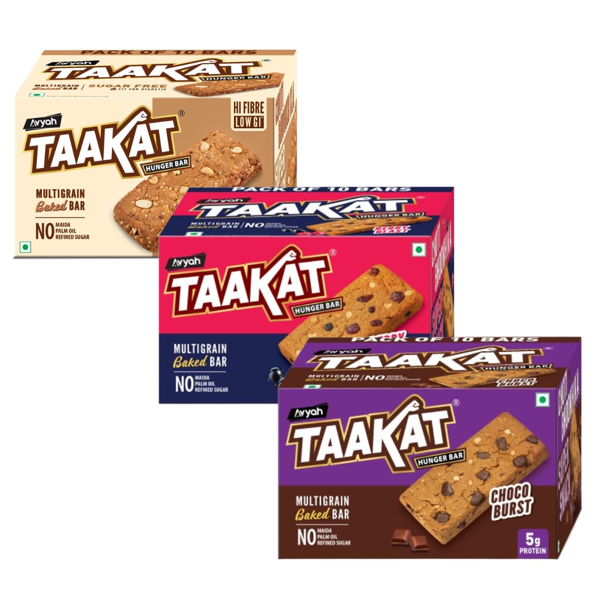 Taakat Hunger Bar: Special Combo | Choco Burst + Berry Blast + Sugarfree | 3 Pack of 10 | Free Shipping
