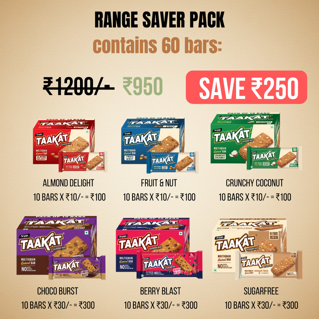 Taakat Hunger Bar - Range Saver Pack - SAVE ₹250/- : 6 variants X 1 Pack-of-10 each | 60 Bars! Free Shipping