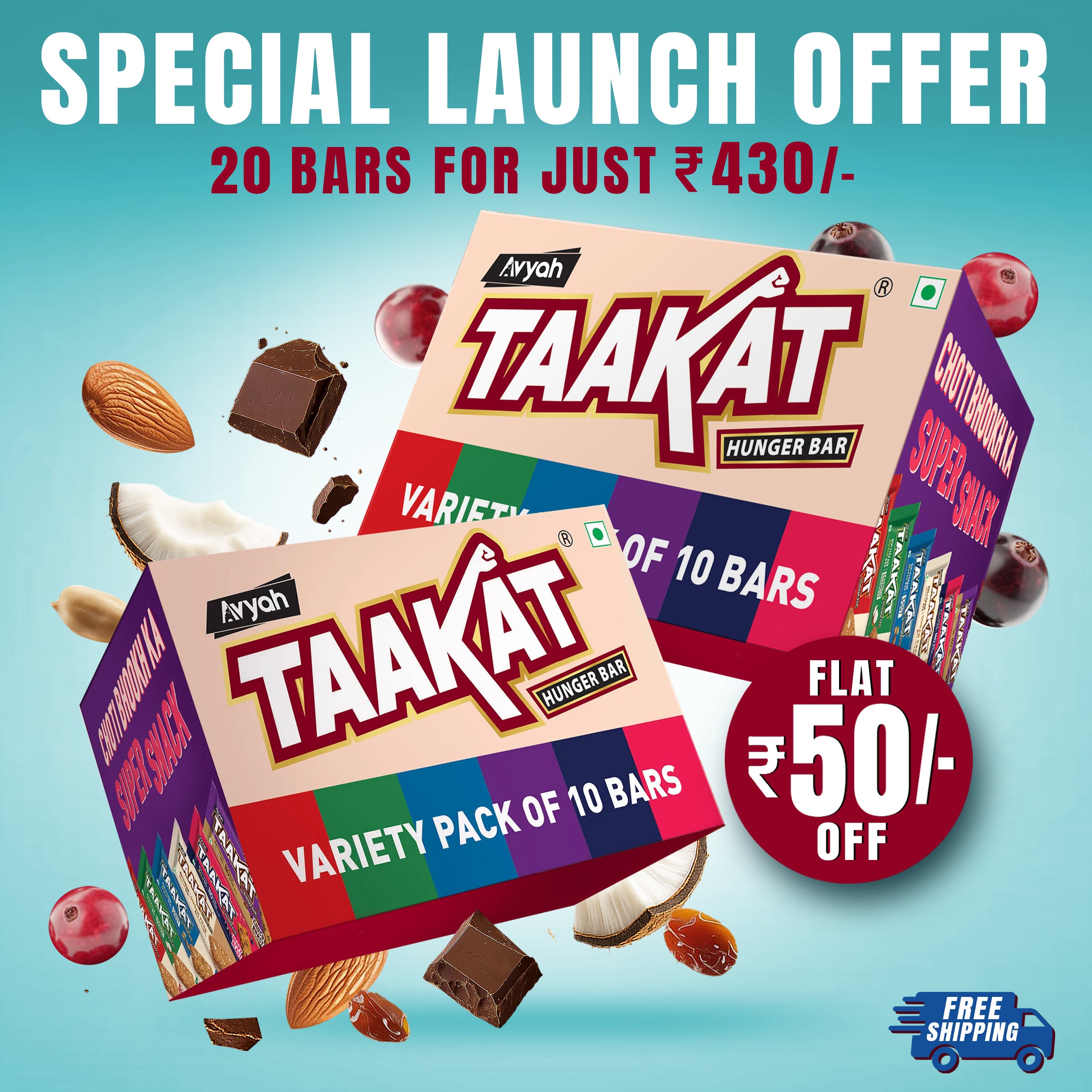 Taakat Hunger Bar | Variety Pack of 2 | Free Shipping | Flat ₹ 50/- OFF